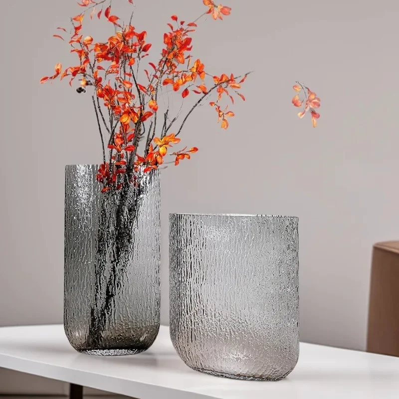 Vase en verre texturé concave-convexe plat haut de gamme de grand diamètre, ornement de dispositif de culture d'eau à motif d'écorce de salon