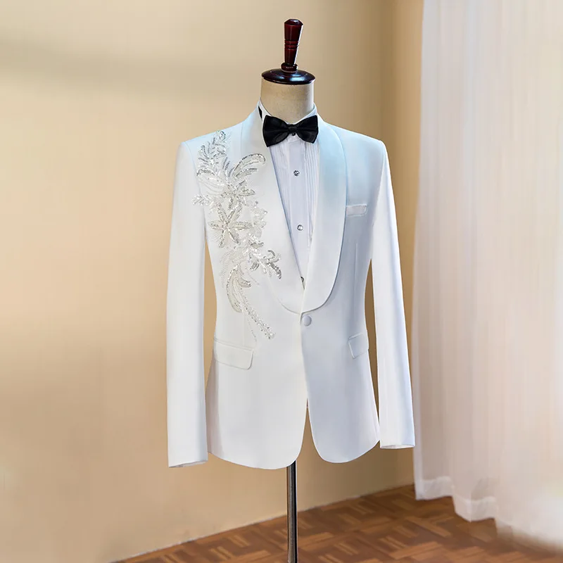 Men Wedding Suit Embroidery Blazer Pants Set Male Host Singer Chorus Stage Performance Suit Groom Banquet 2 Pieces Outfit