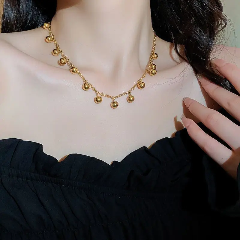Stainless Steel Personality Gold Color Beads Pendant Necklace for Women High Quality Wedding Collarbone Chain Jewelry Colorfast