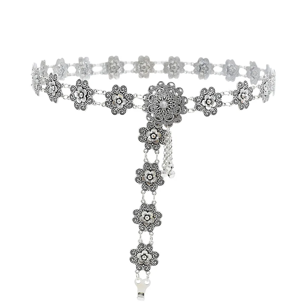 

Богемная винтажная Серебряная цепочка с цветами, кисточками, колокольчиками, цепочка на пояс для индийских и этнических танцев, летние пляжные аксессуары