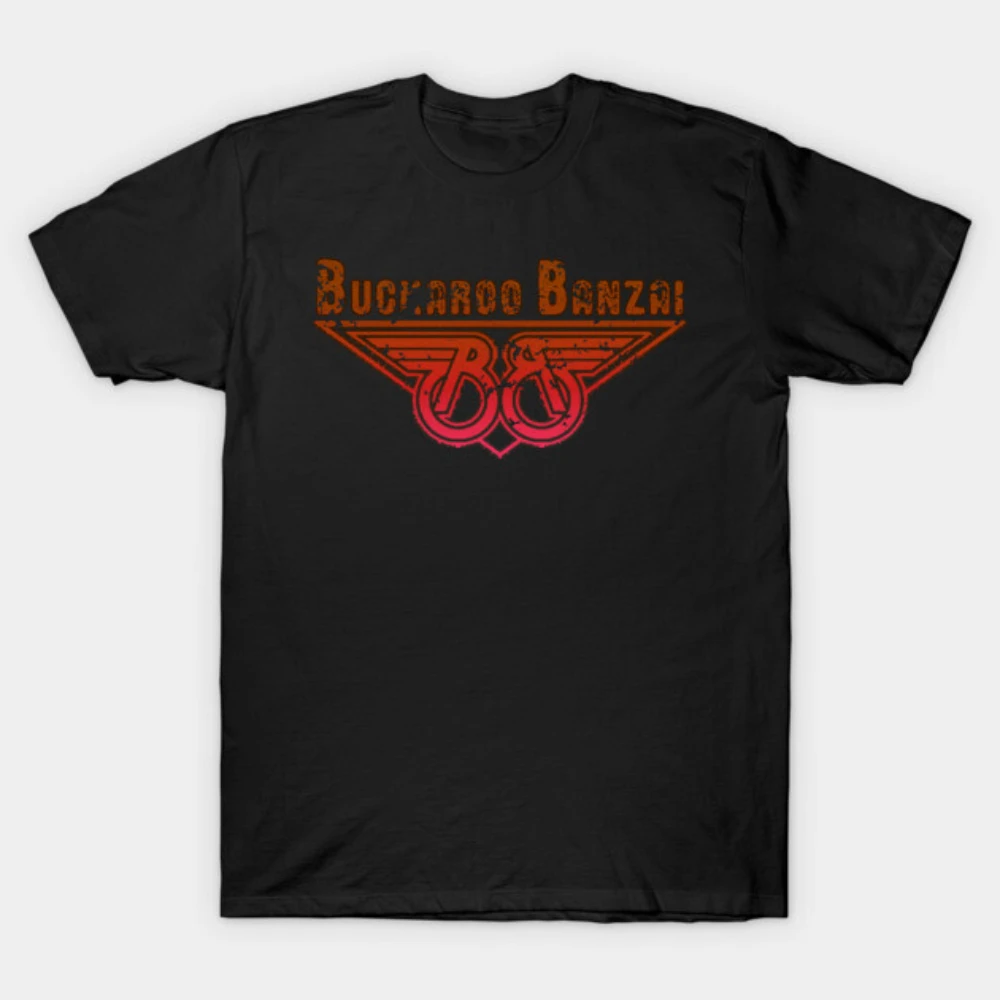 Mens Cotton Buckaroo Banzai T Shirt Vintage Distressed Orange Red Gradient Winged BB Logo Retro Cult Movie Casual Fan Graphic Te