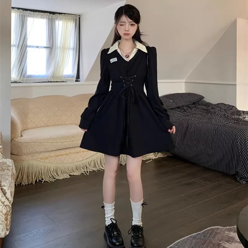 Lace-up Fake Two-piece Dresses Women Autumn New High Waist Thin A-line Polo-neck Long Sleeve Solid Color Fashion Dresses Female