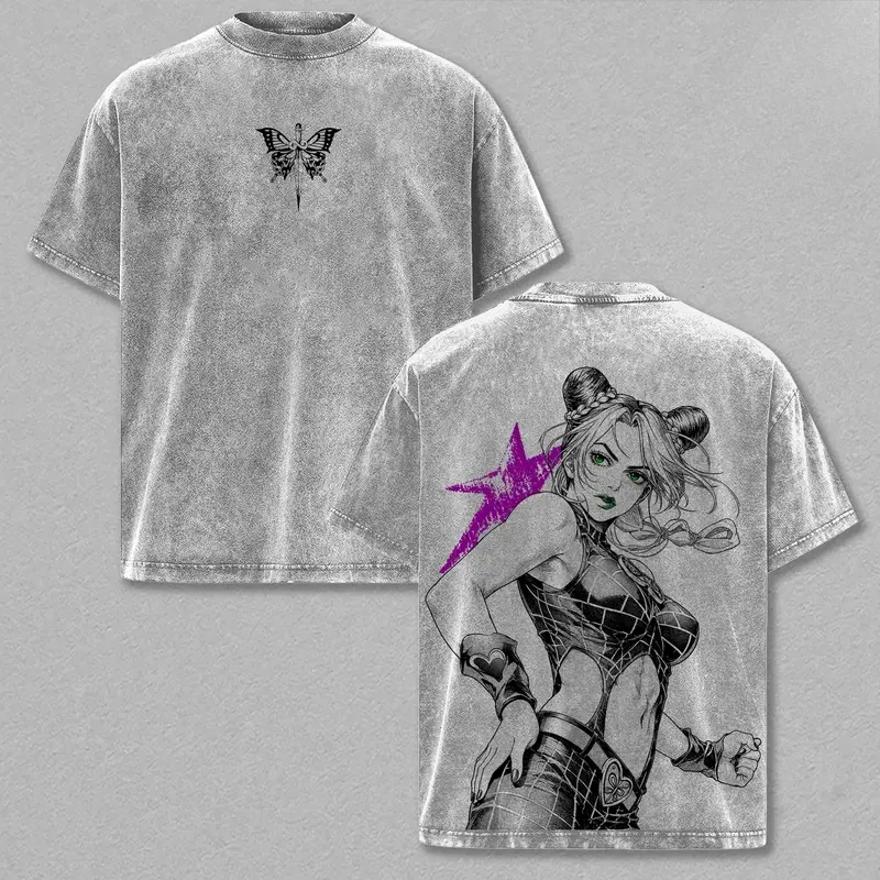 JoJo's Bizarre Adventure Jolyne Tshirt Men Women Clothing Vintage Washed T-shirts Cotton T Shirt Short Sleeve Harajuku Clothes