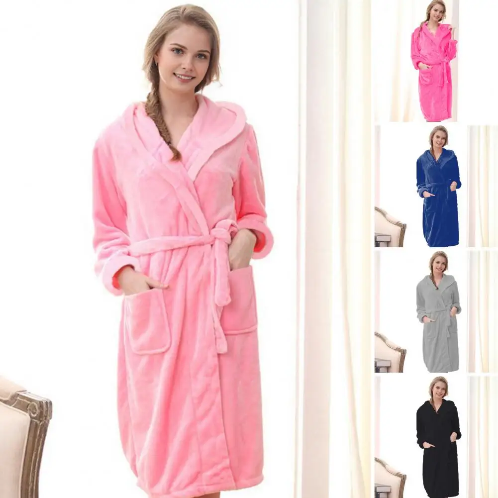 Couple Winter Nightgown Thick Fleece Warm Lace Up Adjustable Waistband Hooded Mid Length Lady Homewear Spa Hotel Bathrobe