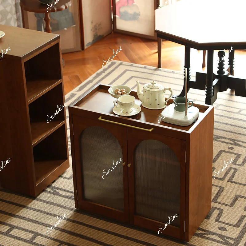 Removable, sofa side cabinet, solid wood retro wall-facing household simple cart cabinet