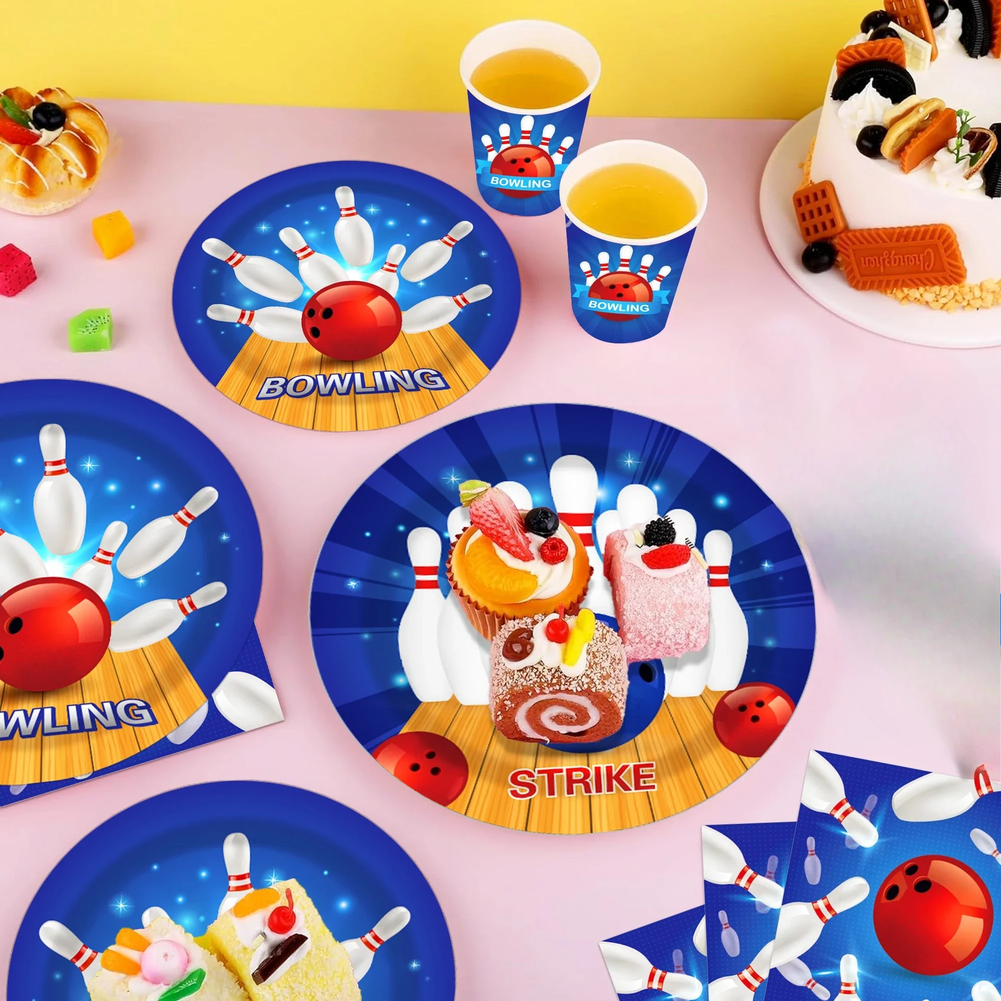 Bowling Ball and Pins Disposable Party Tableware Set, Paper Plates Cups Napkins for Kids Baby Shower Birthday Party Supplies