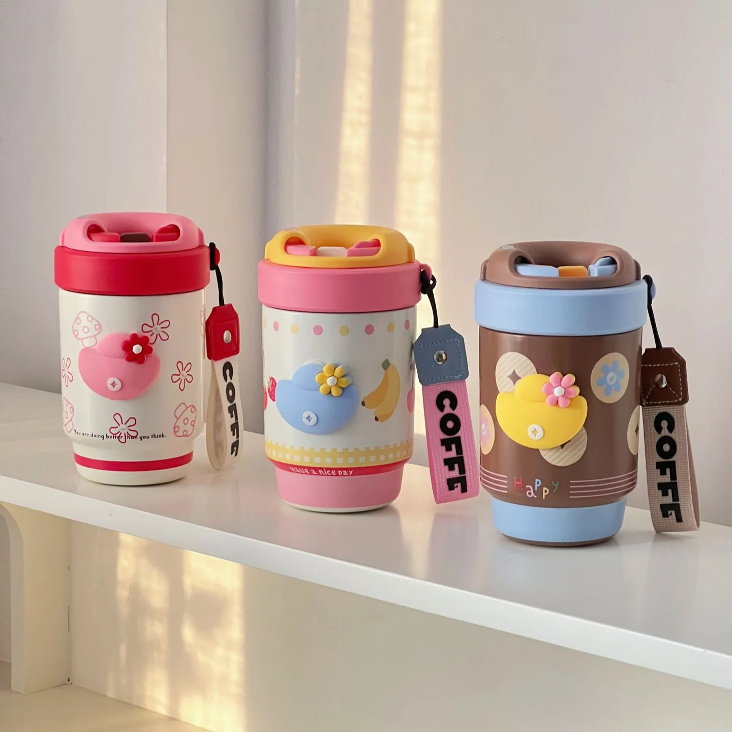 500ml Thermal Coffee Mug With Lid,Straw And Handle,Ceramic Inner Liner,Stainless Steel Outer Shell,Birthday Gift,Women's Thermos