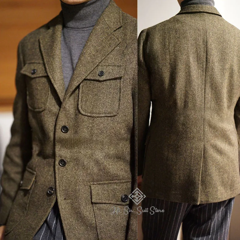 

Hi, Sir.Suit Men's Classic Herringbone Tweed Hunting Jackets Blazer Three Buttons Sport Coats Wool Blend Coat with Four Pockets