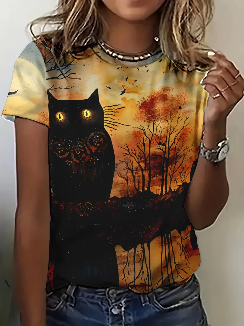 Small niche top with animal pattern printed short sleeved shirt for women loose and comfortable casual style round neck T-shirt