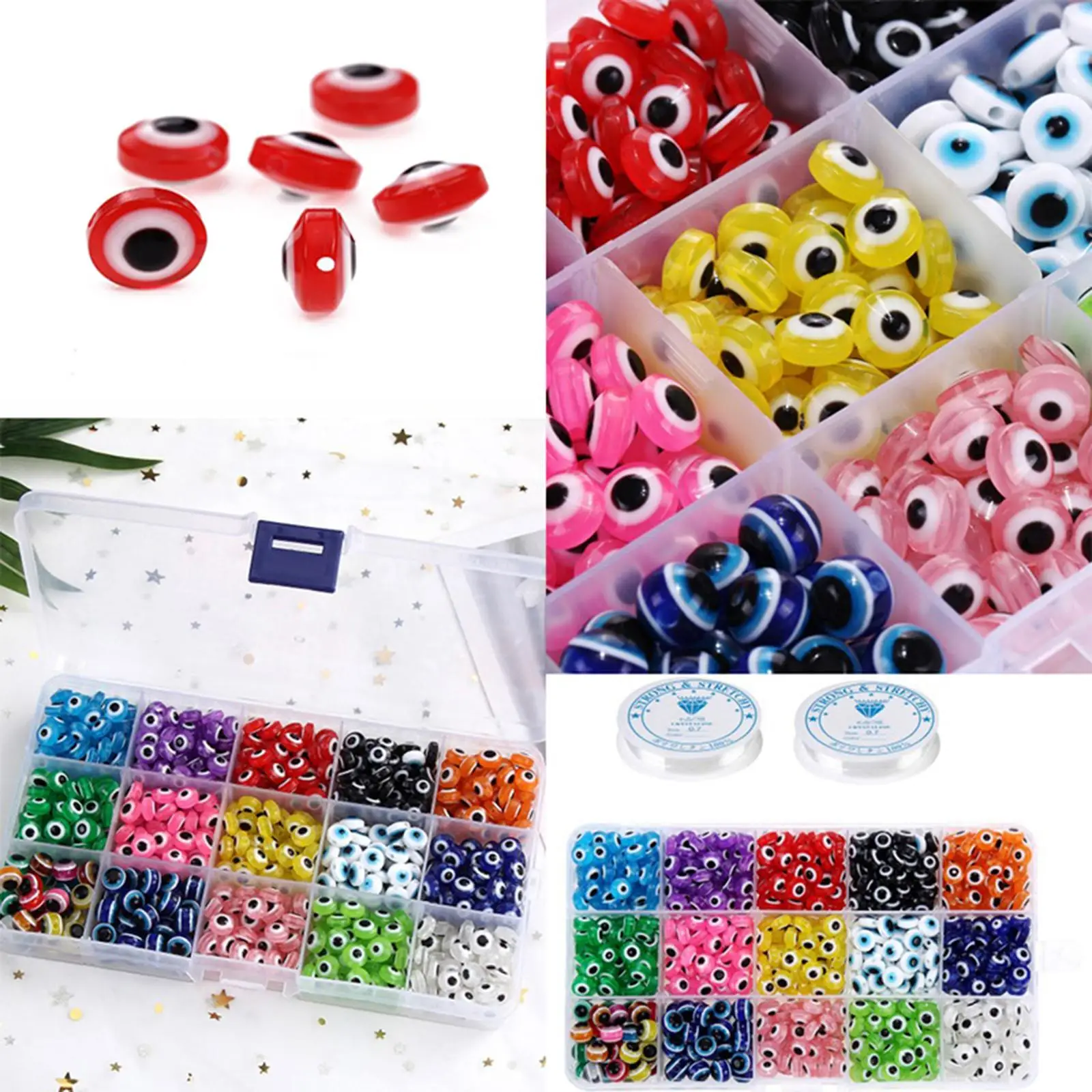 Resin Evil Eye Beads 8mm Round 450pcs Multicolor Spacer Beads for Jewelry Making Kit with 2 Rolls Elastic Threads