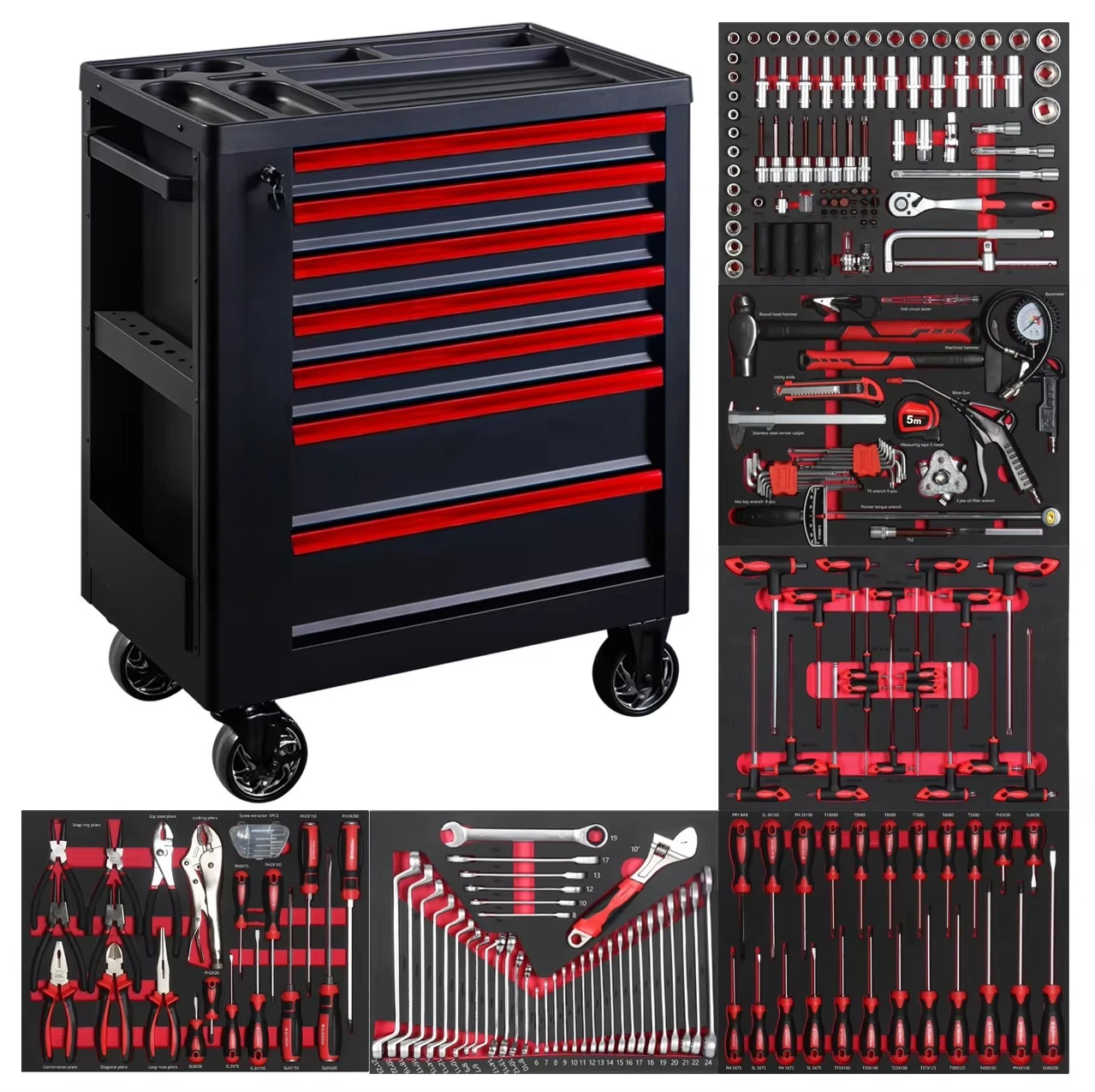 Professional 7-Drawer Toolbox with 366-Piece Tool Set Workshop Garage Cabinet Trolley Tool Set Repair