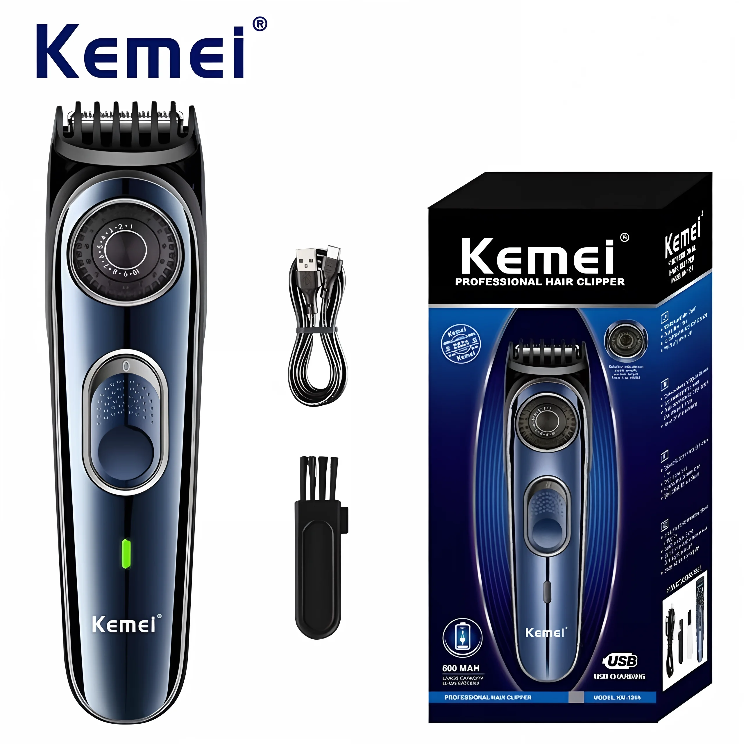 

Kemei KM-1256 Electric Cordless Professional 1-10mm Hair Clipper Universal Serial Bus Rechargeable Haircut Waterproof Men's Barb