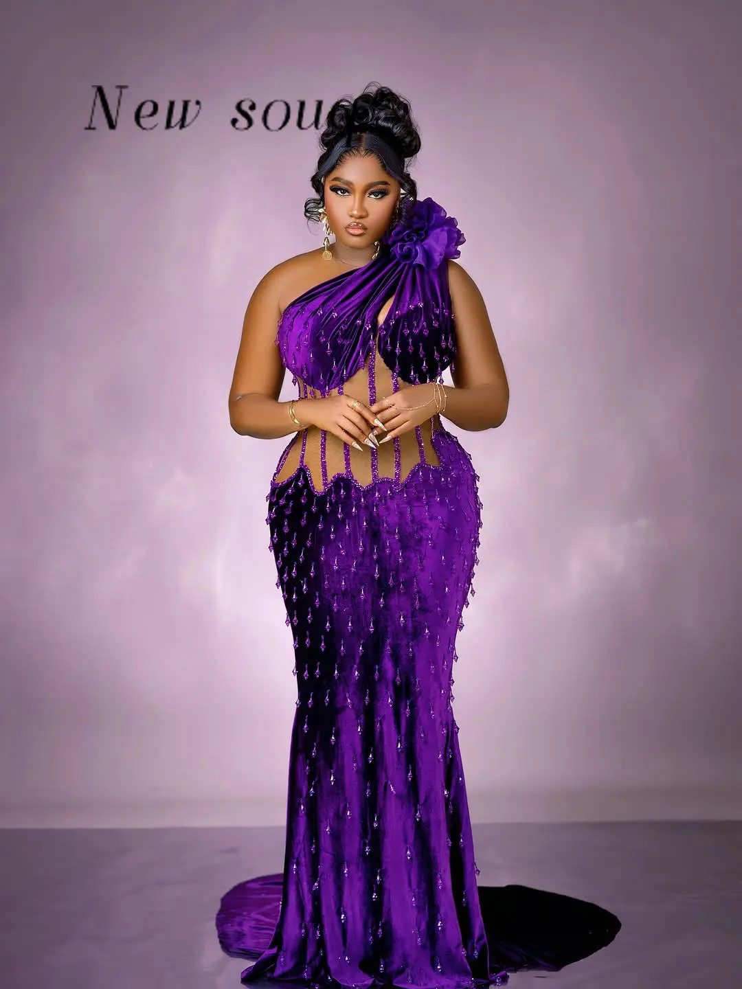

Aso Ebi Purple One Shoulder Prom Dresses with Crystals Customized Sexy Bone Exposed Long Evening Party Gown Customized Plus Size