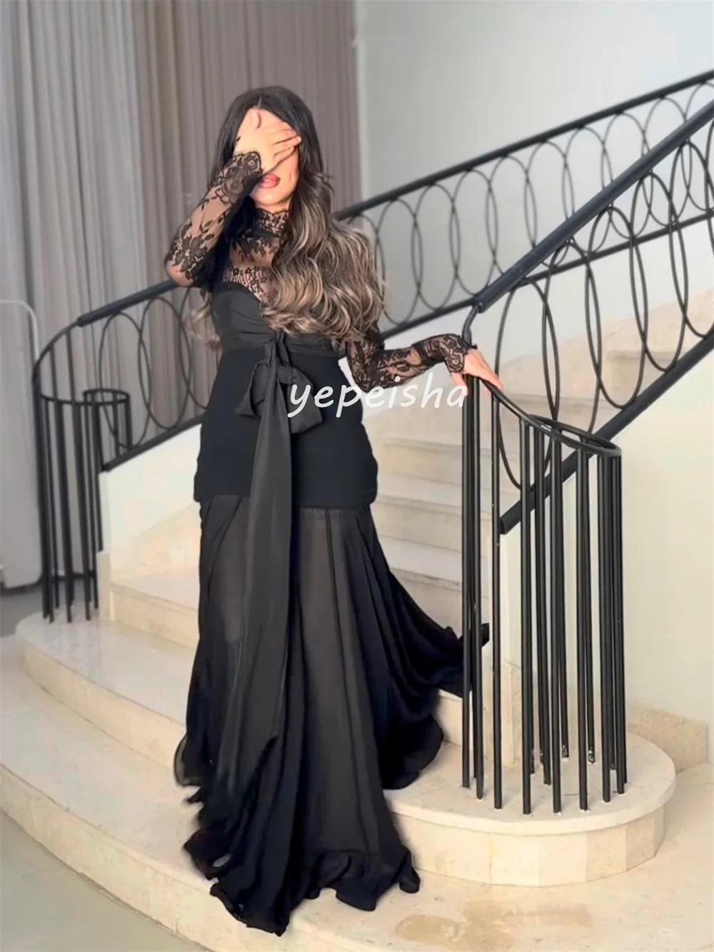 Customized High quality Sexy Chiffon Lace Bow Ruched Draped Straight Jewel Long Dresses Bespoke Occasion Dresses Sizes Available