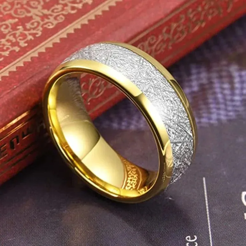 8MM Luxury Gold Color Men Stainless Steel Wedding Rings Inlay Meteorites Engagement Rings For Men Party Jewelry Drop Shipping