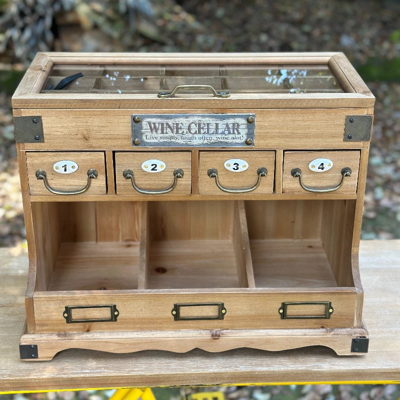 Rustic Wooden Glass Jewelry Cabinet, 15-Drawer Curio Chest, Vintage Storage Organizer Hutch for Home Decor Display Gift Box Set.