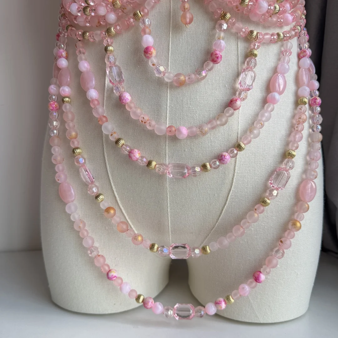 Beachwear Lingerie Harness Pink Gemstone Beaded Camisole Vest Top Natural Crystal Bustier Bra Women Body Beachwear Club Rave