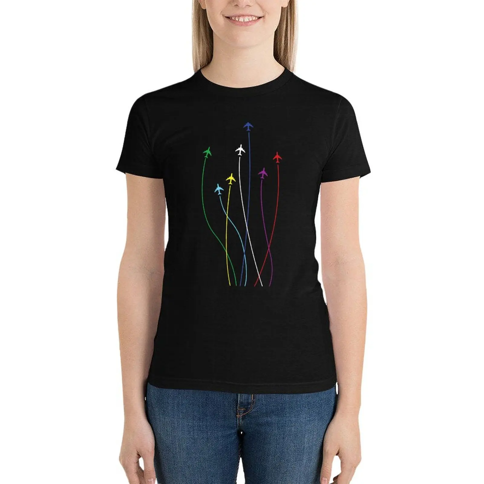 

Rainbow airplanes flying on eachother T-Shirt funny plus size tops Woman clothing