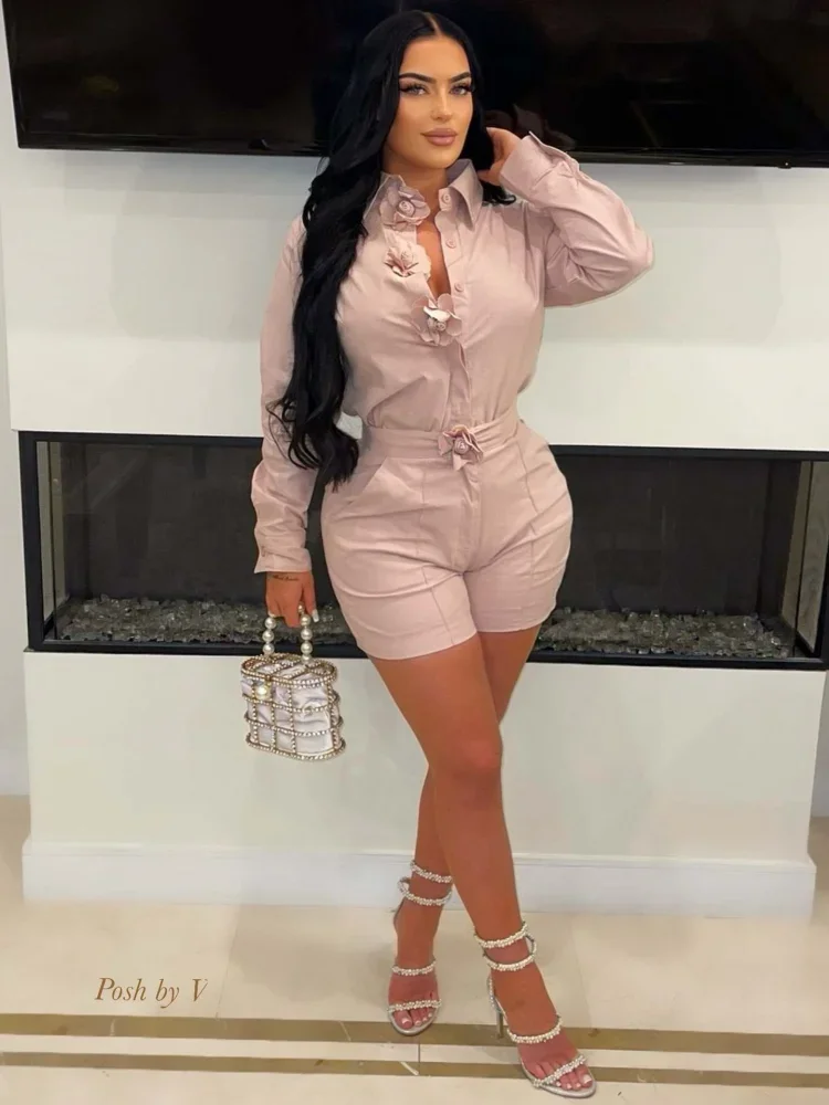 

Women's Fashion Temperament Elegant Solid Color Flower Long Sleeve Shirt Pocket Shorts Two Piece Set