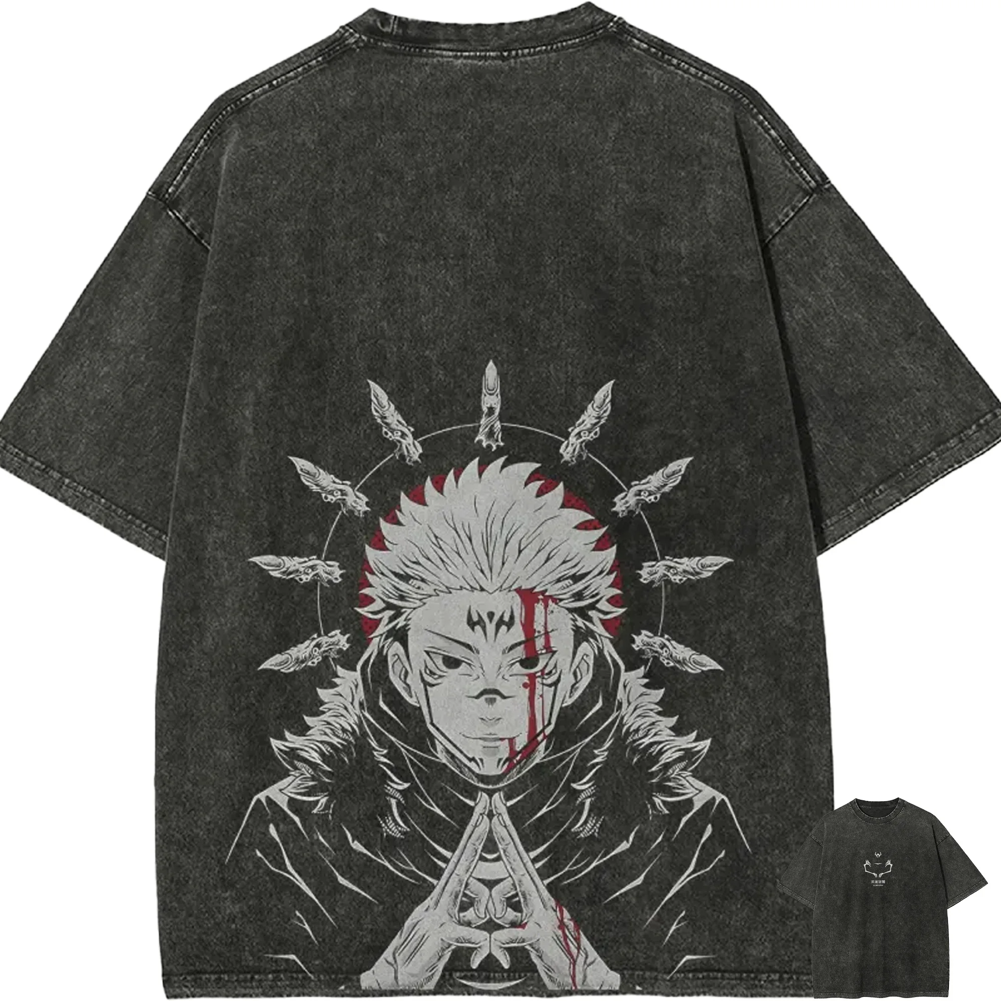 Jujutsu Kaisen Sukuna T-Shirt für Herren Domain Expansion Vintage Acid Wash Streetwear Übergroßes Retro Japanisches Anime Grafik-T-Shirt