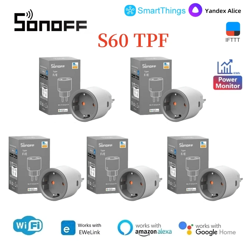 1-5Pcs SONOFF S60TPF iPlug WiFi Smart Plug Smart Home Appliances Timer Energy Monitoring And Overload Protection eWeLink Control