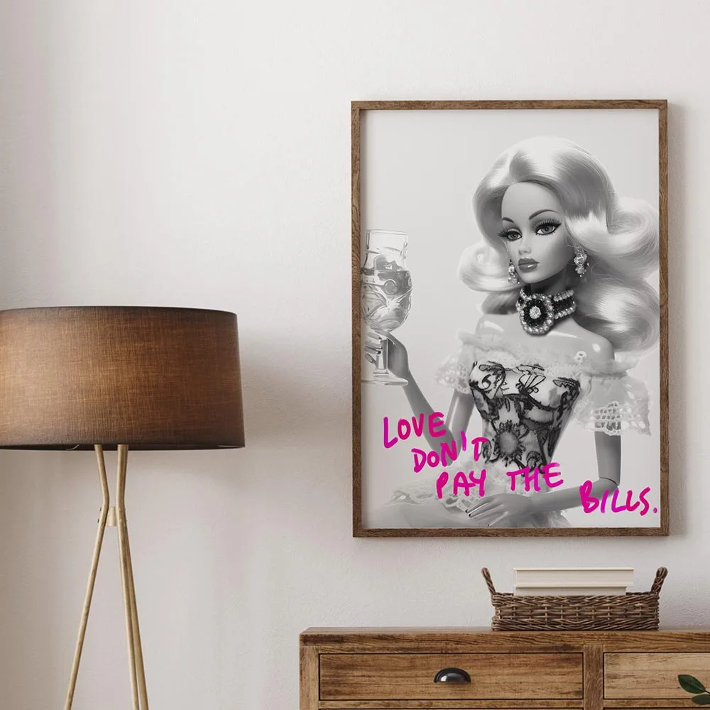 Funny Doll Wall Art Pink Rich Girl Canvas Painting Preppy Room Girly Poster Canvas Prints For Bar Cart Home Decor Unframed