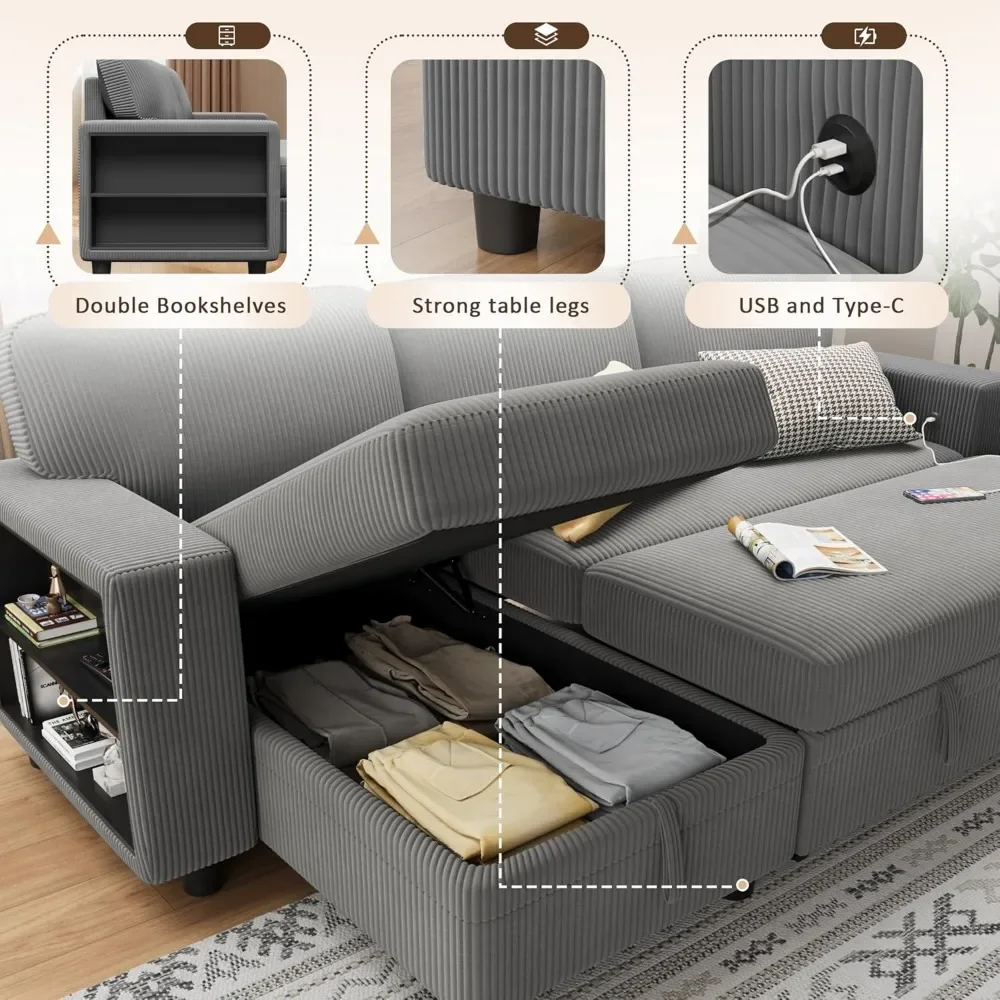 Sofa rozkładana 80 cali, rozkładana sofa z wbudowanym dużym schowkiem i 2 półkami na książki, rozkładana sofa segmentowa, wysuwana część