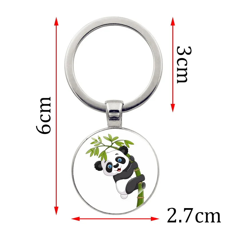 Cute Panda Eat Bamboo Key Chain Fashion Cartoon Giant Bearcat Round Glass Pendant Gift Bag Car Keychain