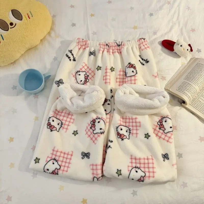 Sanrio 헬로 키티 여성 Y2K 파자마 바지 카와이 만화 겨울 따뜻한 잠옷 바지 산호 양털 잠옷 바지 홈웨어 New