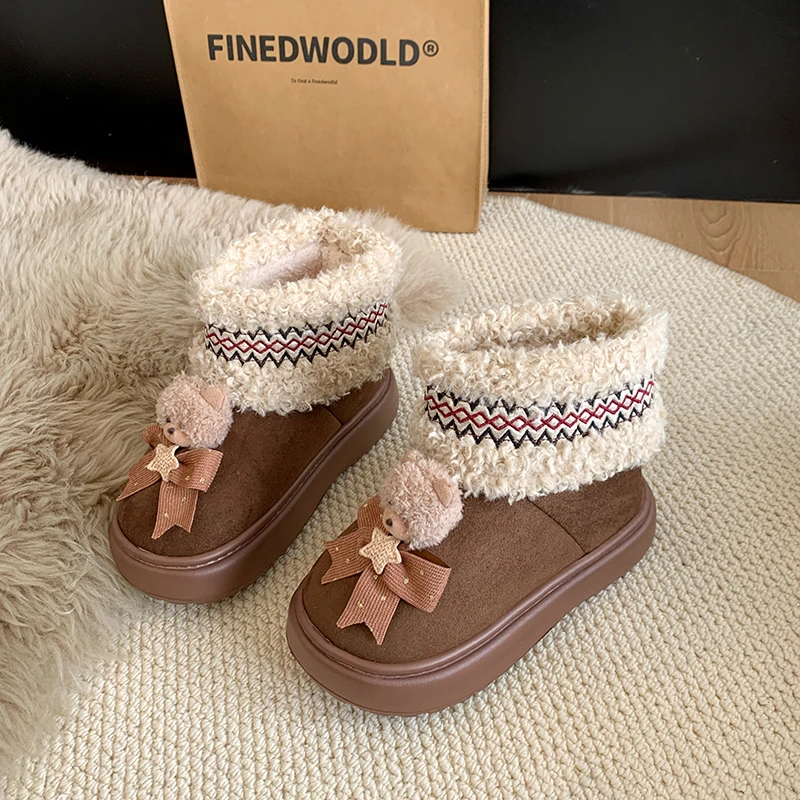 Women's Flat Cotton Boots Winter New Round Head Suede Cartoon Bear Embroidery Soft Ground Non-slip Snow Boots