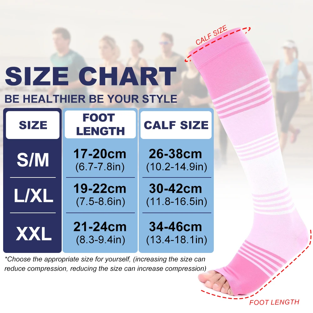 GOMOREON 1Pair Open Toe Compression Socks for Women & Men for Neuropathy Swelling Pain Relief 20-30 mmHg Knee-high Stockings