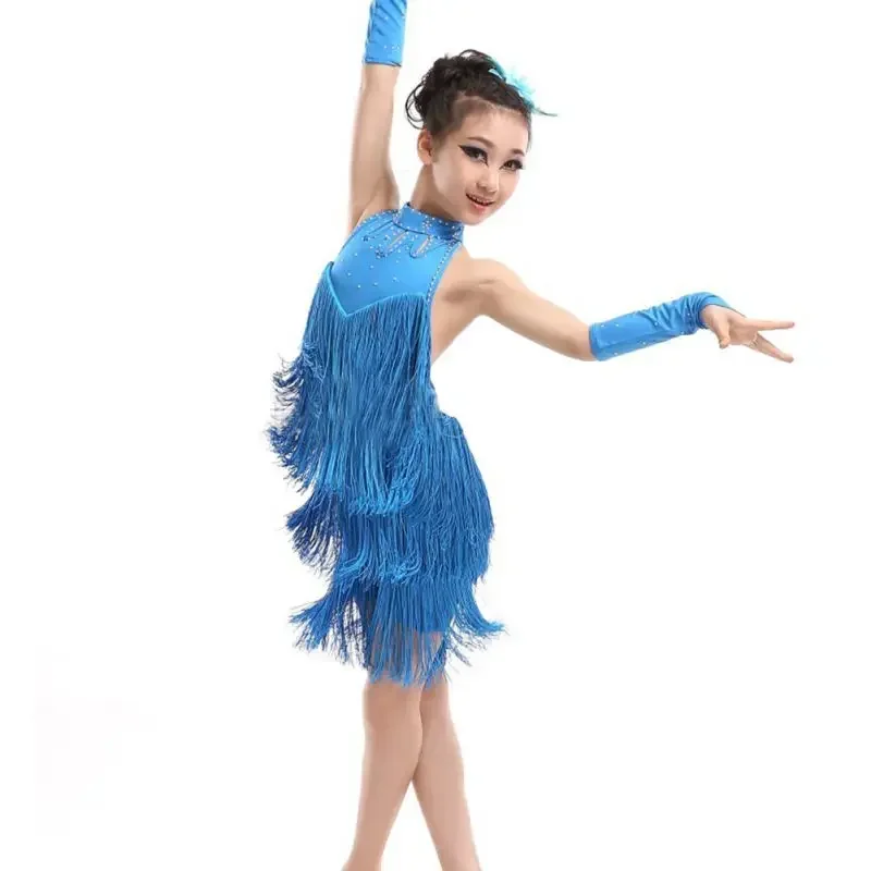 Vestido de dança com borla sólida para meninas, roupa de dança de salsa latina, fantasia de festa, performance de palco para 4-11 anos