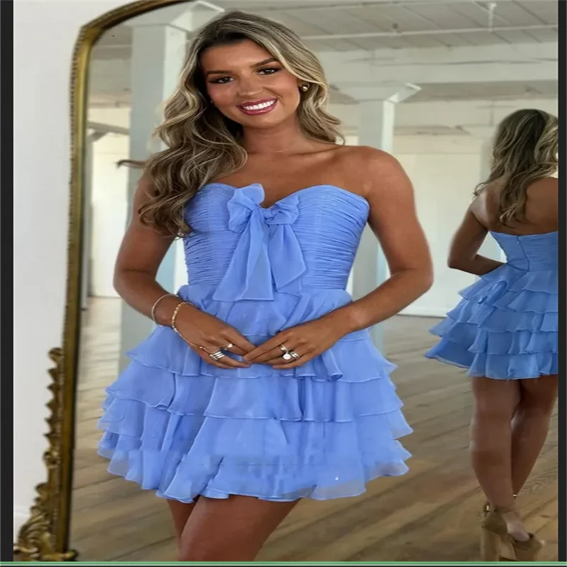 Rüschen trägerlose Abendkleider Chiffon Mini kurzes Cocktailpartykleid elegante Falte A-Linie Ballkleider 2025, individuell gestaltet