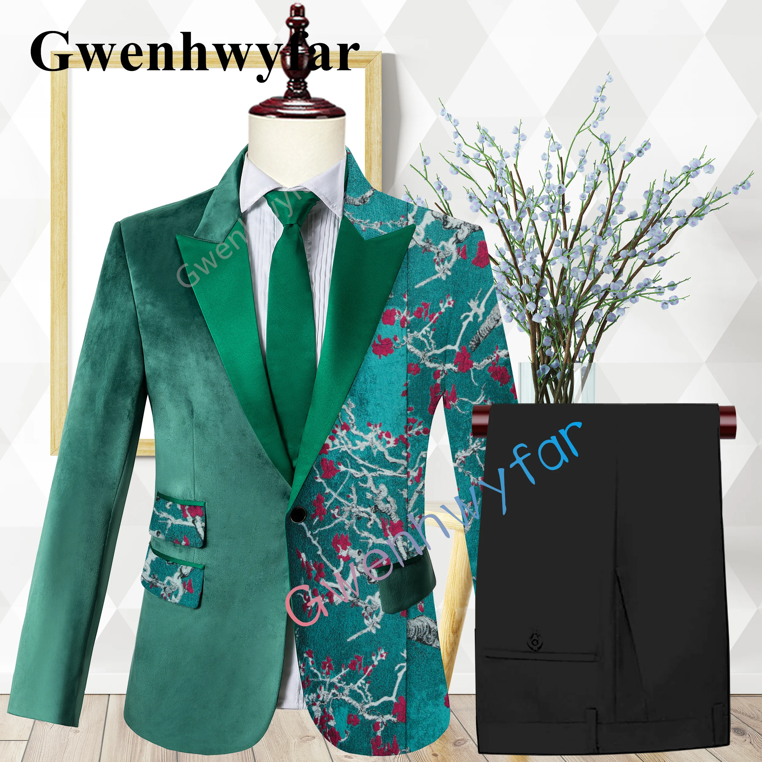 Gwenhwyfar New Design Single-breasted Velvet Patchwork Wedding Groom Jacquard Neck Suit Casual Tuxedo Fashion Green Suit 2 Piece