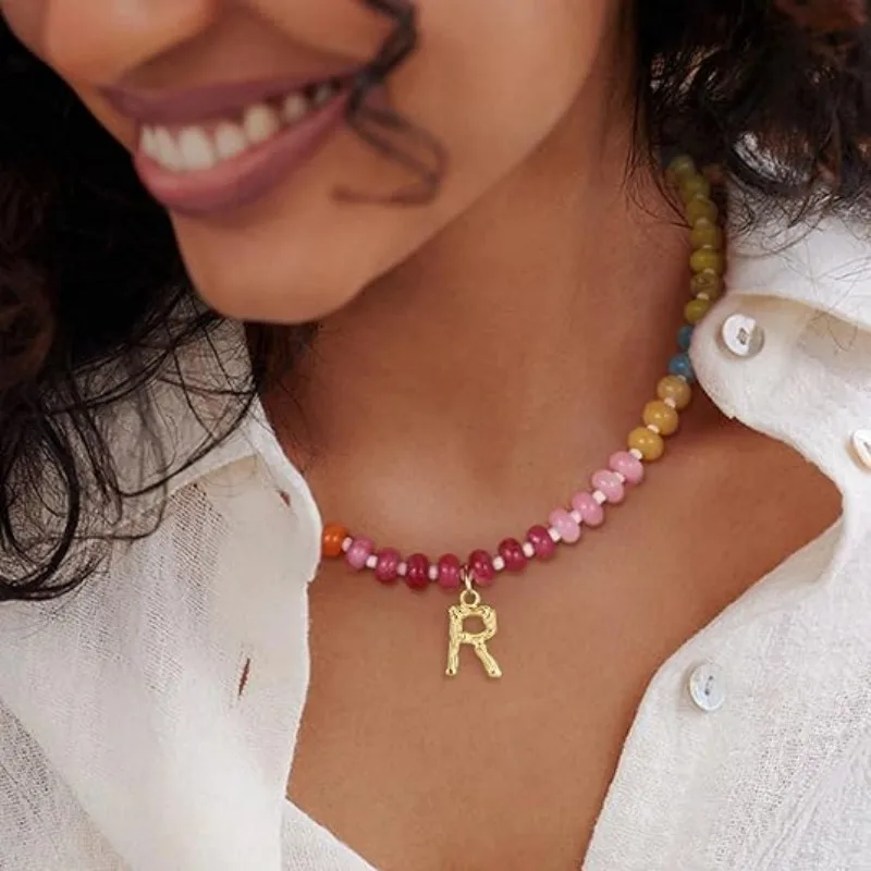 Colorful Beaded Necklace for Women Customizable 26 Letter Necklace A-Z Initial Pendant for Women Gold Beaded Jewelry Gife