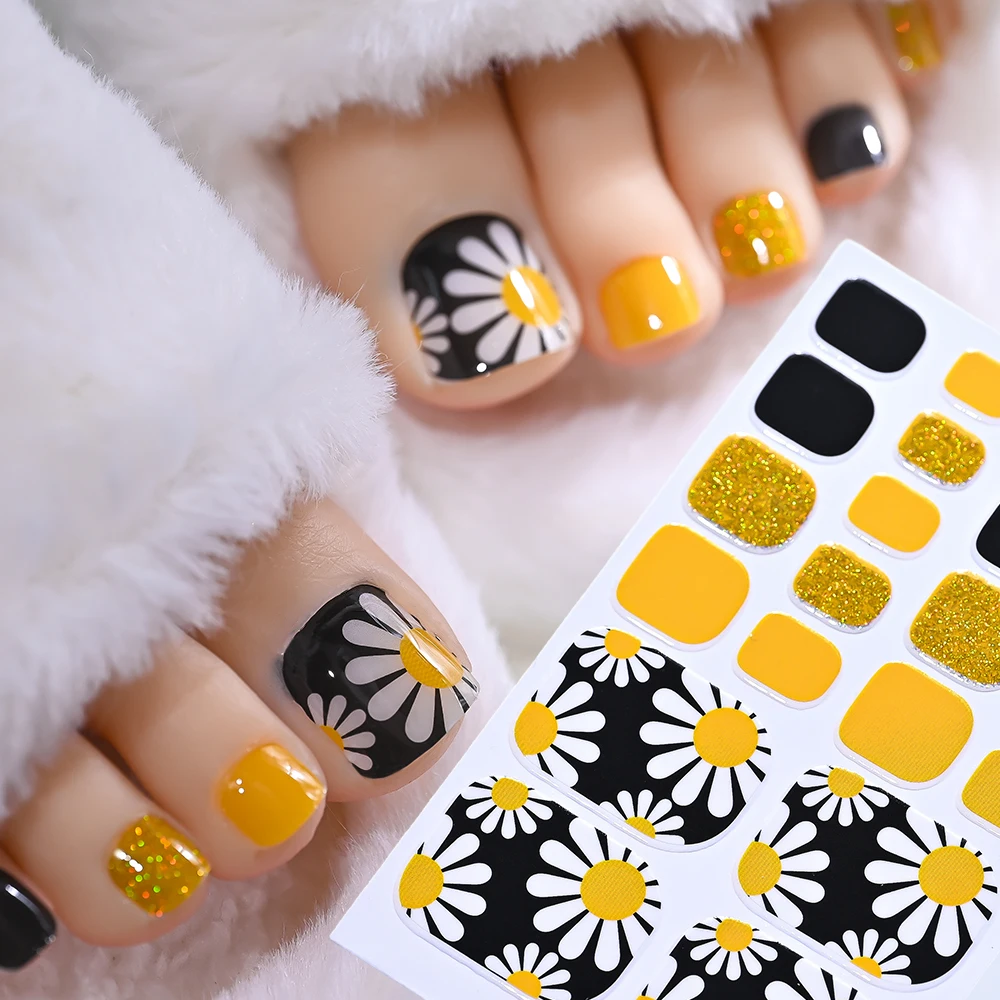 1 Blatt glänzende Glitzer-Gänseblümchen-Blumen-Zehennägel-Aufkleber, bunte Blumen-Kirschblüten, vollständig selbstklebend, für Zehen, Nagelstreifen
