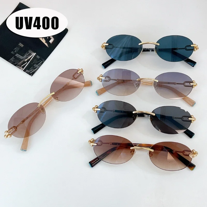 

Oval Frameless Cut-edge Sunglasses Women's Men's Retro Sunshade UV Sun Glasses Luxury Brand Designer Popular Metal Eyeglasses