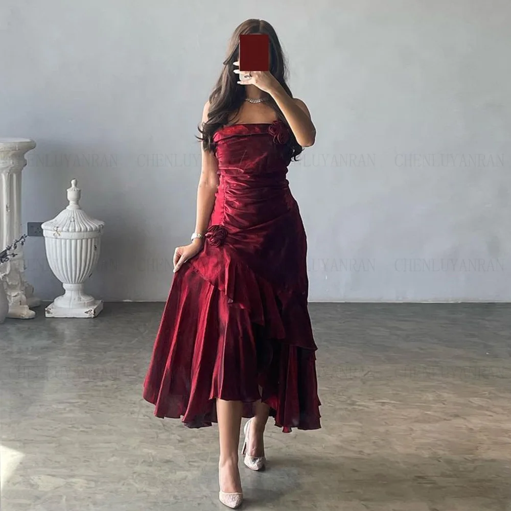 Burgundy Sexy Formal Occasion Dress 2024 Taffeta Pleat A-line Ball Gowns Sleeveless Tea-Length Evening Party Gown فساتين الحفلات