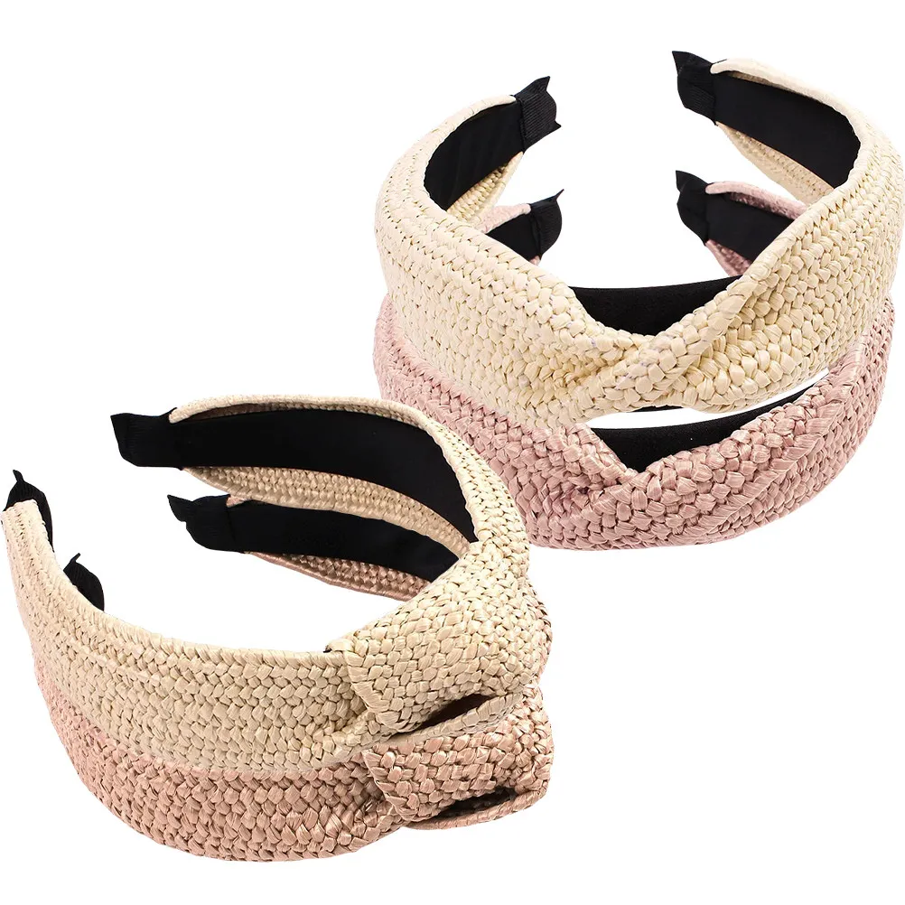 

4Pcs Elegant Woven Straw Headbands Women Lightweight Knotted Raffia Hair Hoops for Beach Prom Garden Reception Anniversary