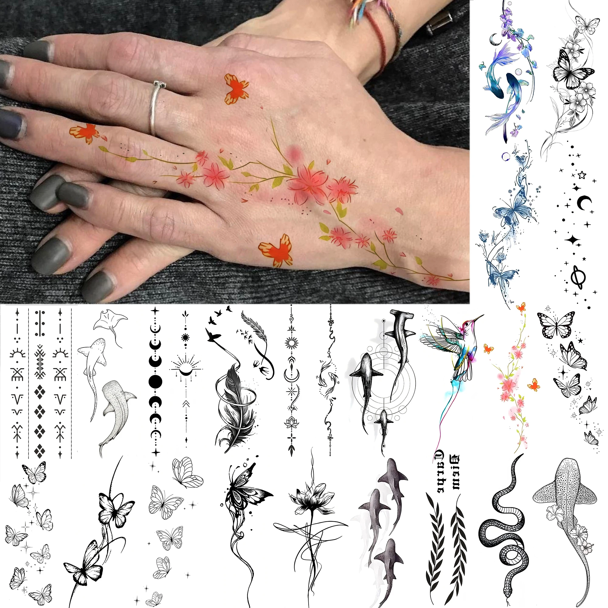 1 Sheet Whale Butterfly Bird Temporary Tattoos For Women Finger Foot, Fake Tattoo Stickers Waterproof Realistic Tatoos Last Long