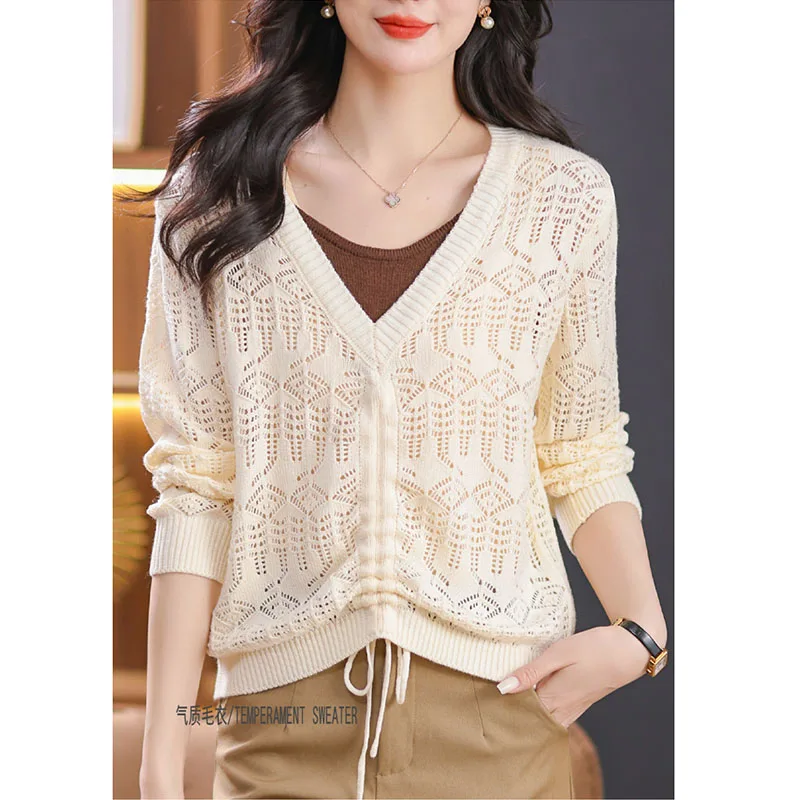 2024 Summer Thin Long Sleeve Hollow Out Pullover Top Women New V-neck Long Sleeve  Pull Jumpers Female Pullovers