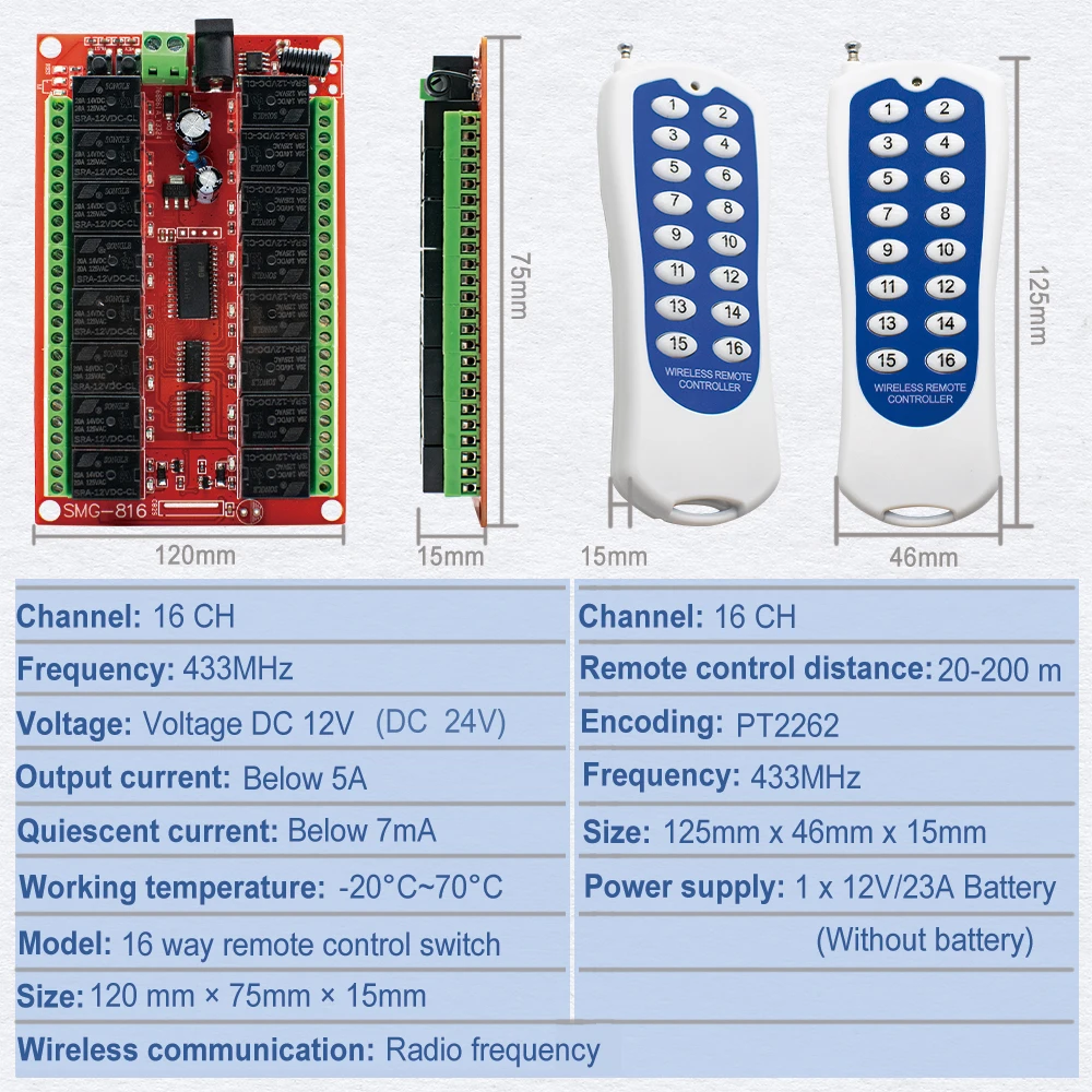 Long Range 16Channel RF Relay Switch System SMG-816 DC12V 433MHz Radio Controller Transmitter & Receiver Included