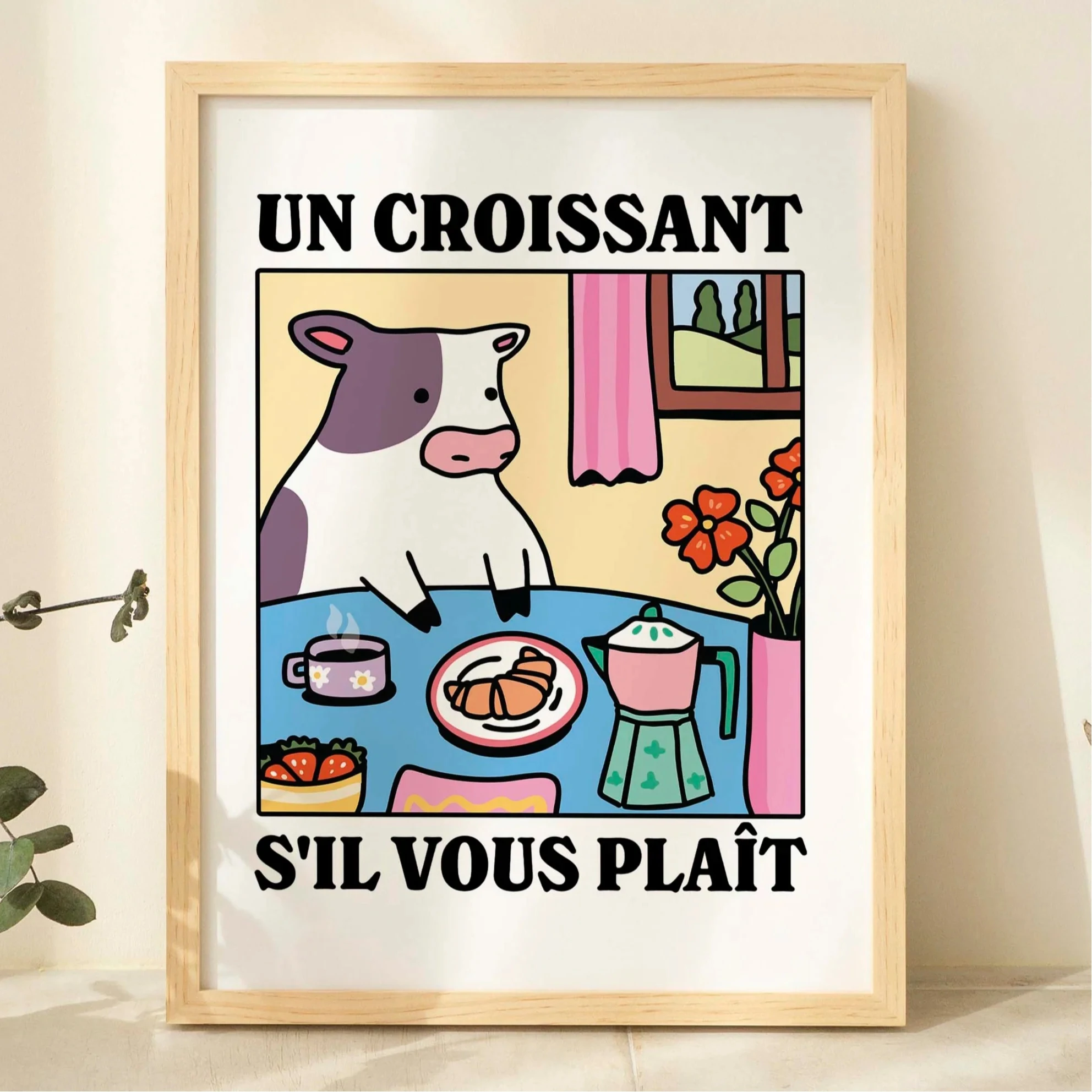 Un Croissant Sil Vous Zopf-Cartoon-Kuh-Wandkunstdrucke, Leinwandgemälde, Poster, Bild für Wohnzimmer, Kinderzimmer, Heimdekoration, Geschenk