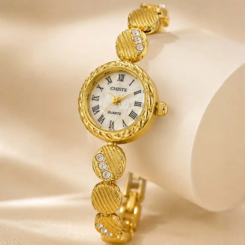 Luxury Gold Women's Quartz Wristwatch Fashion Round Small Dial Rhinestone Dress Ladies Watches Elegant Female Clock Gift Relogio