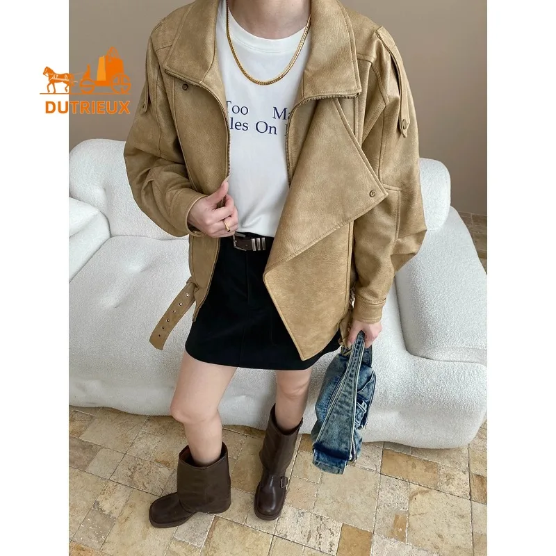 2025 New Spring Autumn Women's Distressed Mid-Length Genuine Leather Jacket, 100% Genuine Sheepskin, Fashionable Coat for Woman