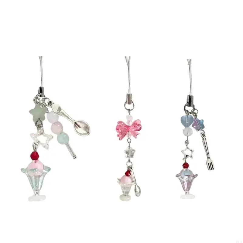 لطيف Bowknot الآيس كريم قلادة المفاتيح سحر مطرز المفاتيح شريط لتعليق الهاتف المحمول الحبل سماعة معلقة تأثيري الملحقات