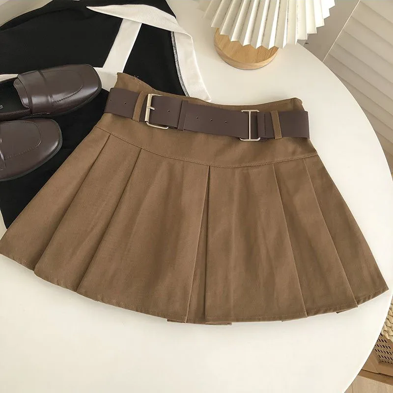 High Waist with Belt Pleated Skirts Women Y2K Summer Korean Streetwear Mini Skirt Female Solid Preppy All Match A Line Skirt New