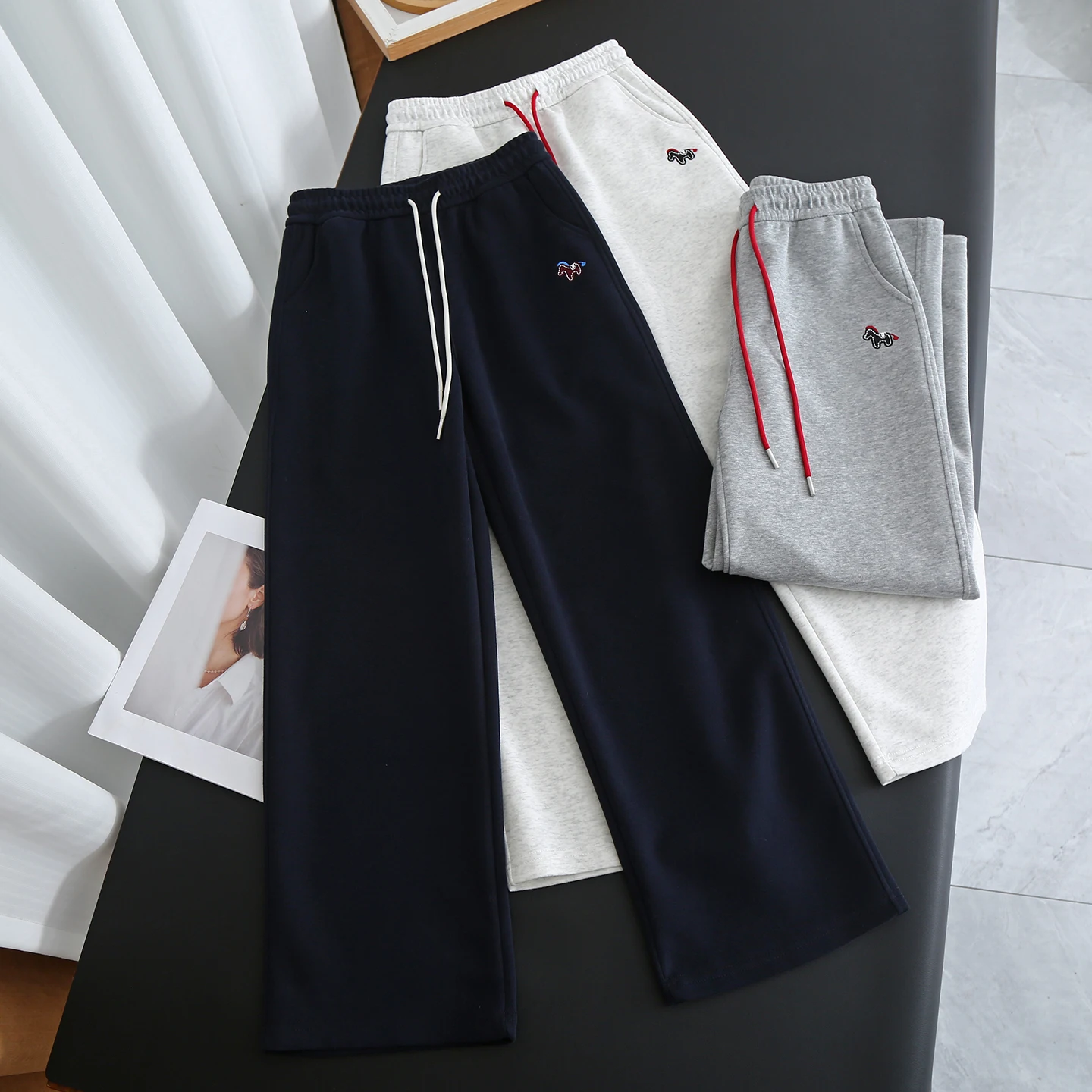 High Waist Drawstring Embroidered Straight Leg Pants Women Casual Sporty Spring 2026 Cotton Ladies Straight Fit Trousers