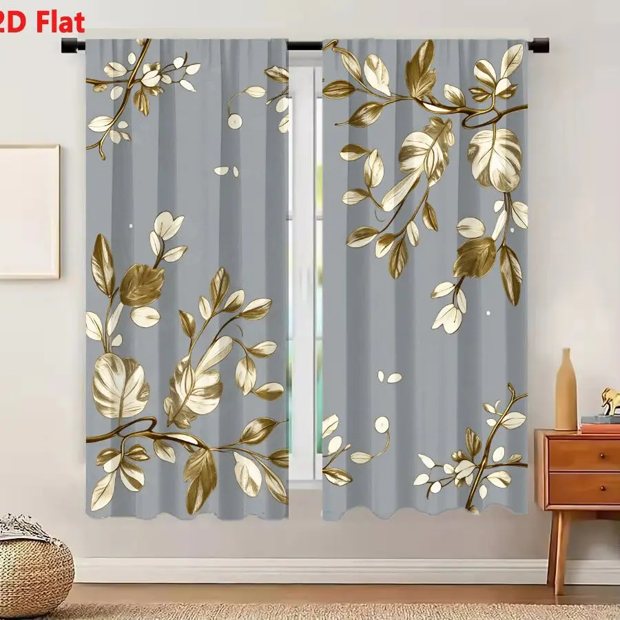 2Pcs Curtains 2D Flat Light Gray Background Botanical Pattern With Brown Branches Gold Cream White Leaves And Small White Dots D