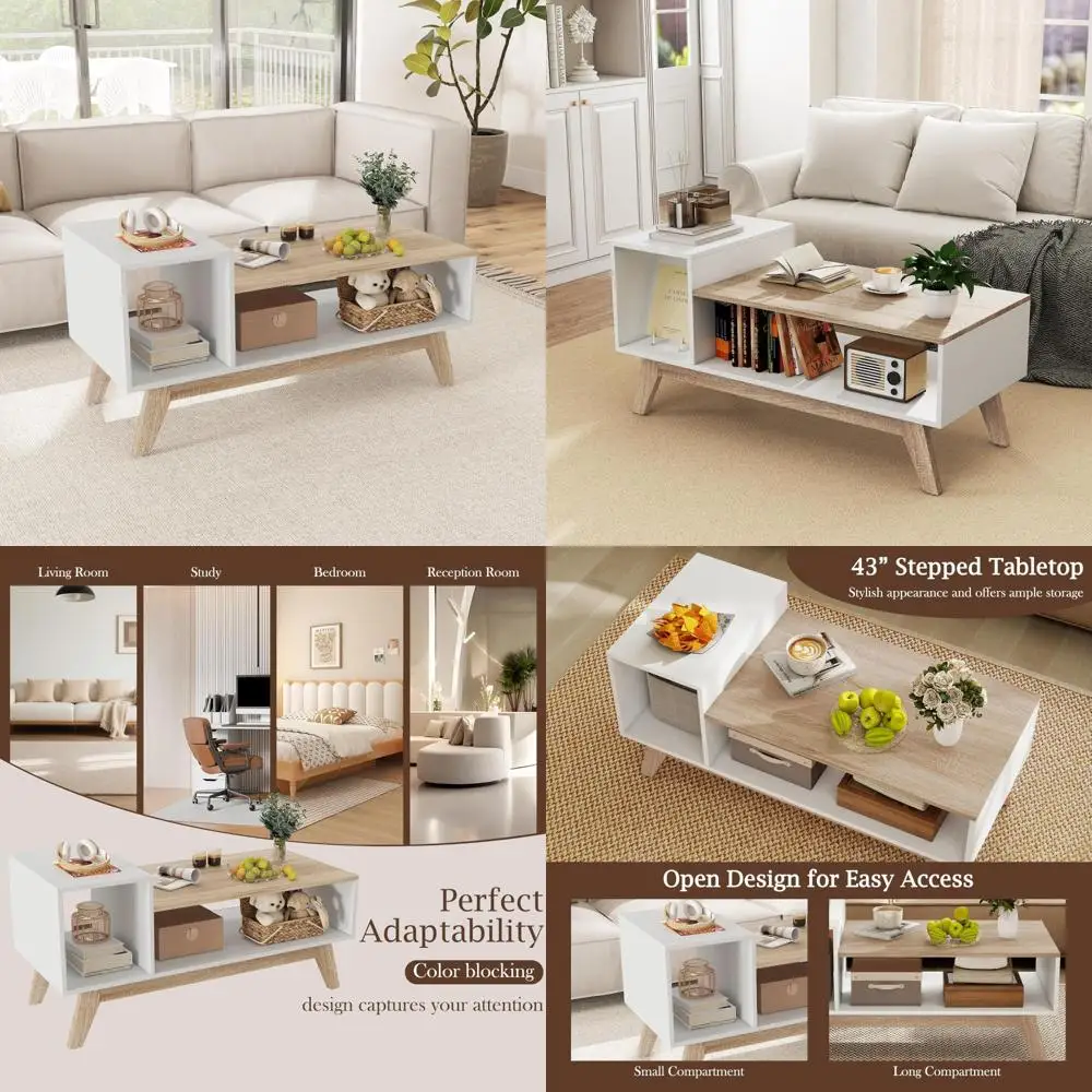 

Two-Tier Mid-Century Modern Coffee Table with Storage for Small Living Spaces